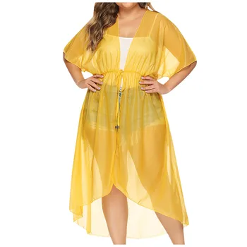 

Cover up women's short-sleeved solid color chiffon cardigan irregular top ladies short-sleeved tie cardigan beach sunscreen