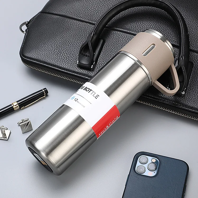 500Ml Bullet Thermos Bottle Set Double-Layer Stainless Steel Vacuum Flask  Travel Water Bottle Business Tea Cup Christmas Gift (Color : White set)