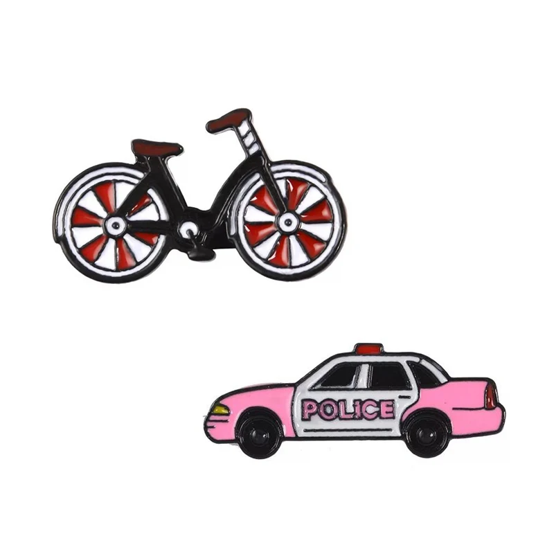 

Cartoon Red Bicycle Police Cars Brooches Creative retro wind bike Enamel Pin Ladies denim jackets lapel badge Pins Jewelry Gift