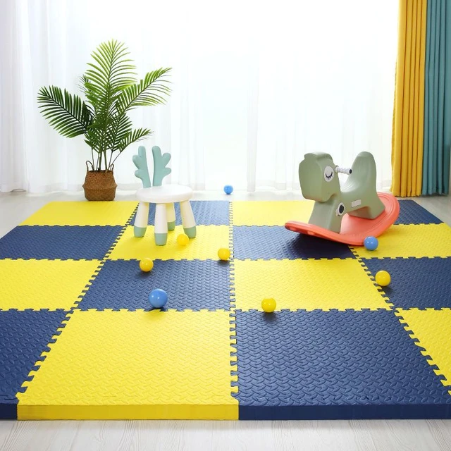 Baby Foam Crawling Mat Children EVA Educational Toys Kids Soft Floor Game Mat Chain Fitness Brick Gym Game Carpet 2.5cm Thicknes Yellow navy