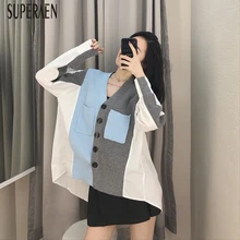 SuperAen, свитер с v-образным вырезом, пальто для женщин, осень, корейский стиль, дикие женские свитера, модная женская одежда с длинным рукавом