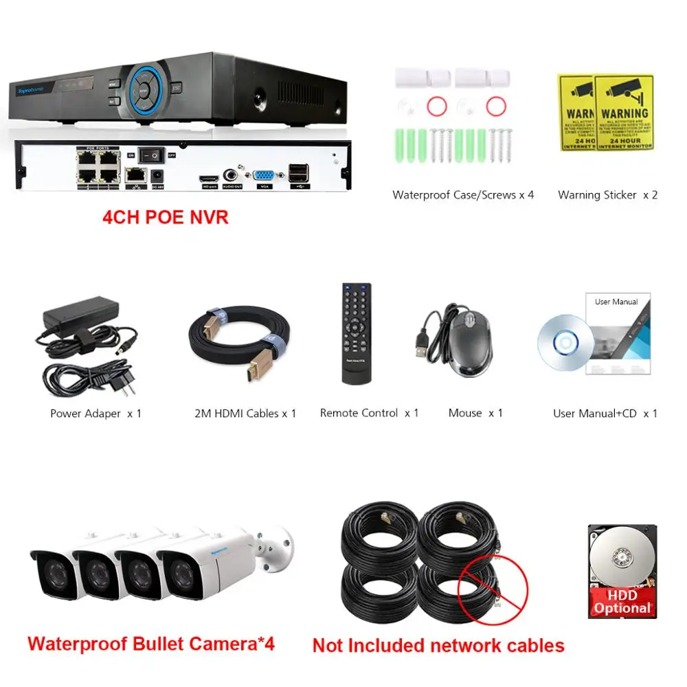 4 Camera No cables TOPROHOMIE H.265+ 4CH POE система NVR 48 в 960P день ночное аудио запись Водонепроницаемый комплект ip-камеры 4CH камера видеонаблюдения - Цвет: 4 Camera No cables