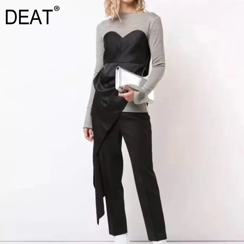 

DEAT Fashion 2019 New Autumn Women Clothes Patchwork Fake Two Pieces Round Neck Full Sleeve Back Bow Long Tie Top WB37101S