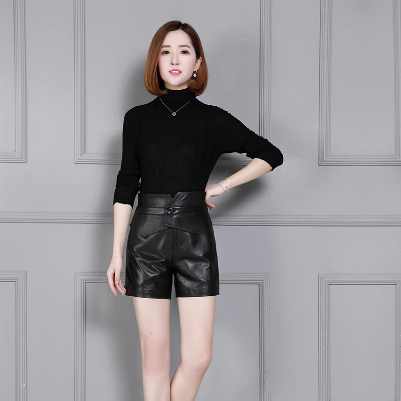 

New Brand Women Genuine Leather Sheepskin Shorts Slim Fit Wrap Real Leather Solid Black High Waist Streetweat Sashes Lady Shorts