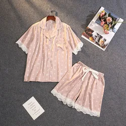 Summer New Pajamas Women's Ice Silk Thin Sexy Lace Short-sleeved Shorts Suit Pyjamas