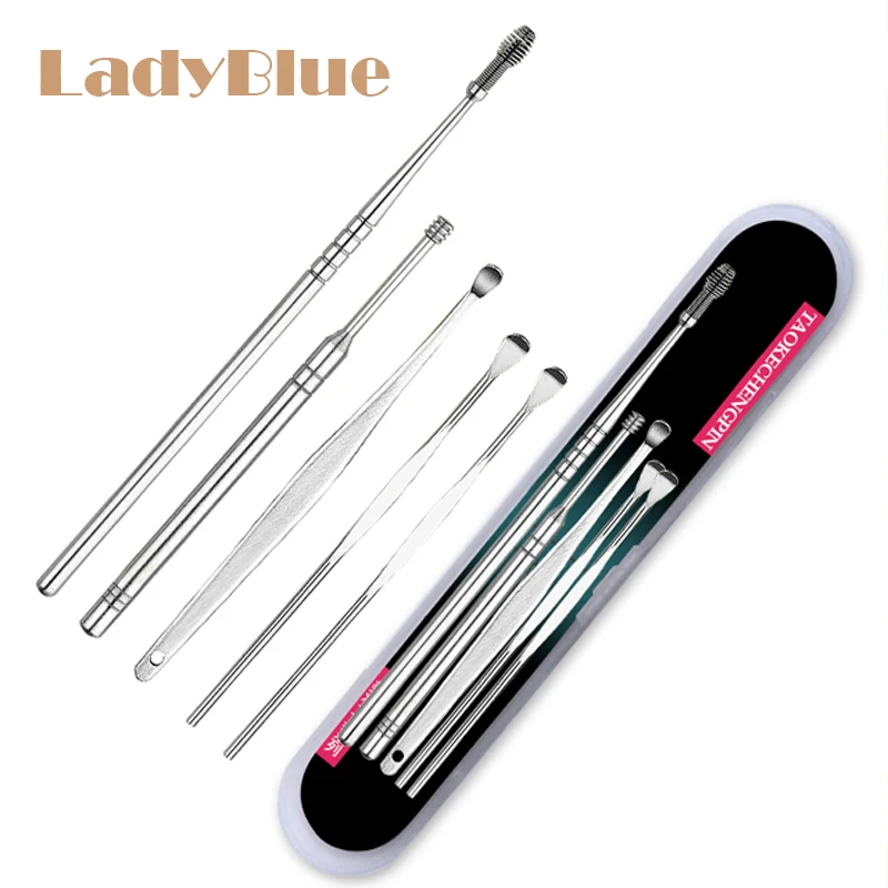 

5pcs/set Portable Spiral Ear Pick Wax Removal Stainless Steel Curette Cleaner Health Ear Care Stick Tools