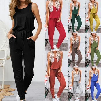 

Sexy Sleeveless jumpsuit women long romper summer women pockets bodysuit trousers beach jumpsuit coveralls playsuit female frock