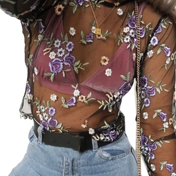 

Women Summer Sexy Sheer Flower Long Sleeve Shirt Transparent Embroidery See Through Yarn Tops T-shirt