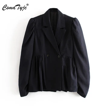 

Stylish Elegant Ruched Women Blazer Jacket Fashion Solid Double Breasted Work Wear Tops Outerwear Female Suit Jacket