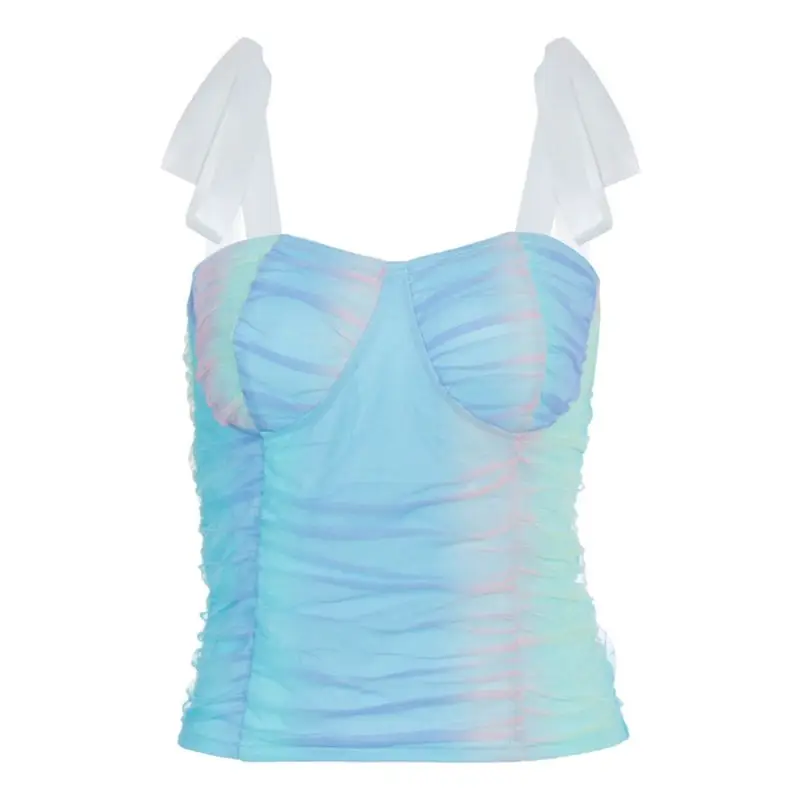 

Women Ribbon Lace-Up Strap Slim Tank Crop Top Rainbow Colorful Tie-Dye Print Ruched Camisole Sexy Backless Sling Vest