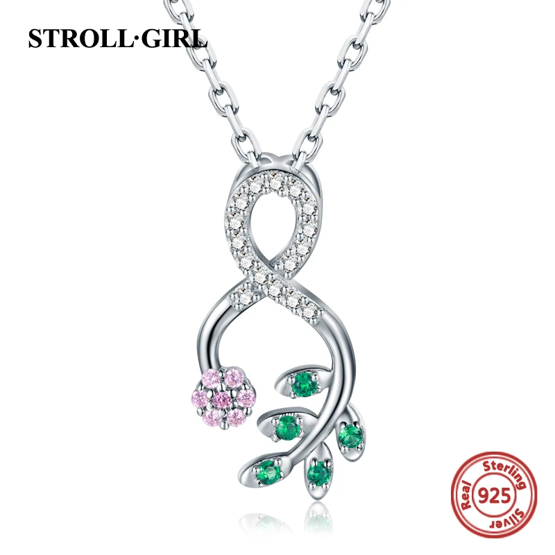 

Strollgirl New 100% 925 Sterling Silver Flower chain Green clear stone plant necklace for Women 2019 fashion Jewelry Gifts