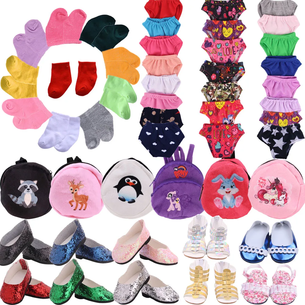 8 Piece/Set For 18 Inch American 43 Cm Born Baby Doll Clothes items = Dress+Glasses+Camera+Panties+Leggings+Shoes+Backpack+Socks