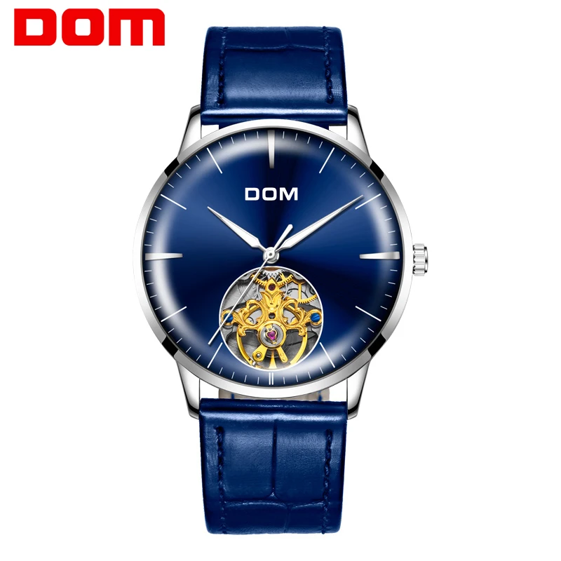 Мужские автоматические механические модные часы DOM с синим циферблатом