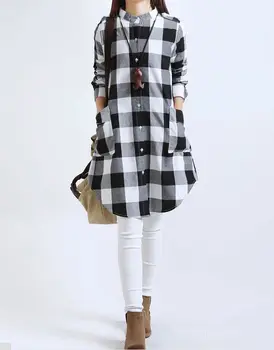 

Woman Shirt Han Edition Big Yards Long Sleeve Women's Leisure Squares Spring New Female Loose Fat Mm In Cotton And Linen Shirt