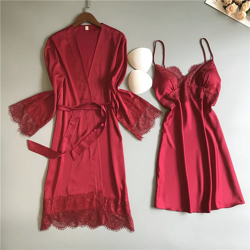 Весенне-летний женский халат и платье, наборы, Сексуальная атласная пижама для сна, шелковая пижама, Халат+ ночная сорочка, нагрудные накладки - Цвет: Красный