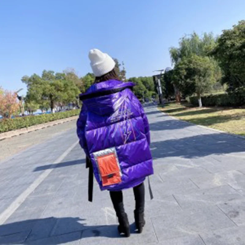 Winter Down Jacket Women Long Hit Color Striped Letter-print Warm Padded Parka Female Plus Size Winter Cotton Outwear
