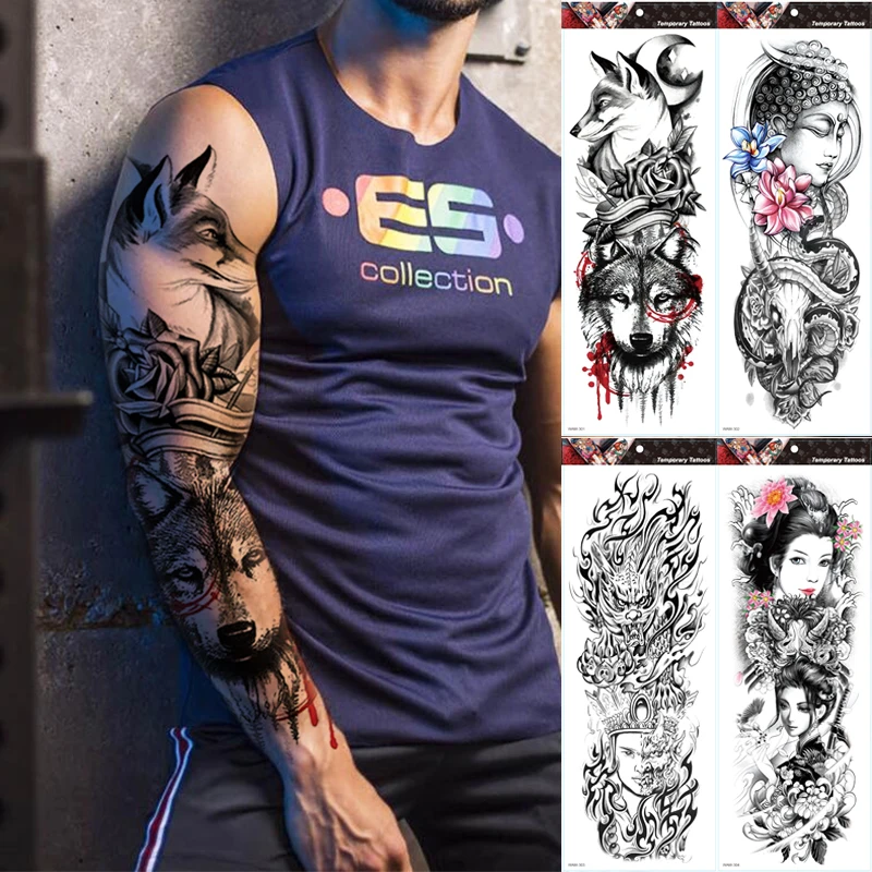 

Large Arm Sleeve Tattoo Fox Crown Wolf King Waterproof Temporary Tatto Sticker Rose Clock Warrior Body Art Full Fake Tatoo