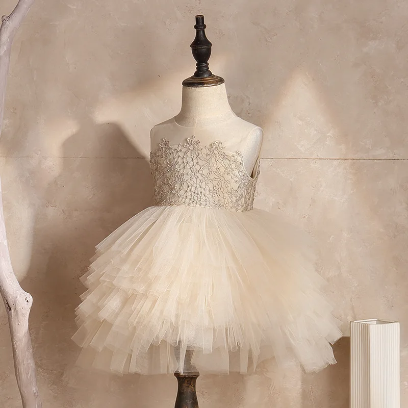 Women's Infant Baby Champagne Color Wedding Dress Girls Gauze Puffy Princess Birthday Dress Children Cake Dress