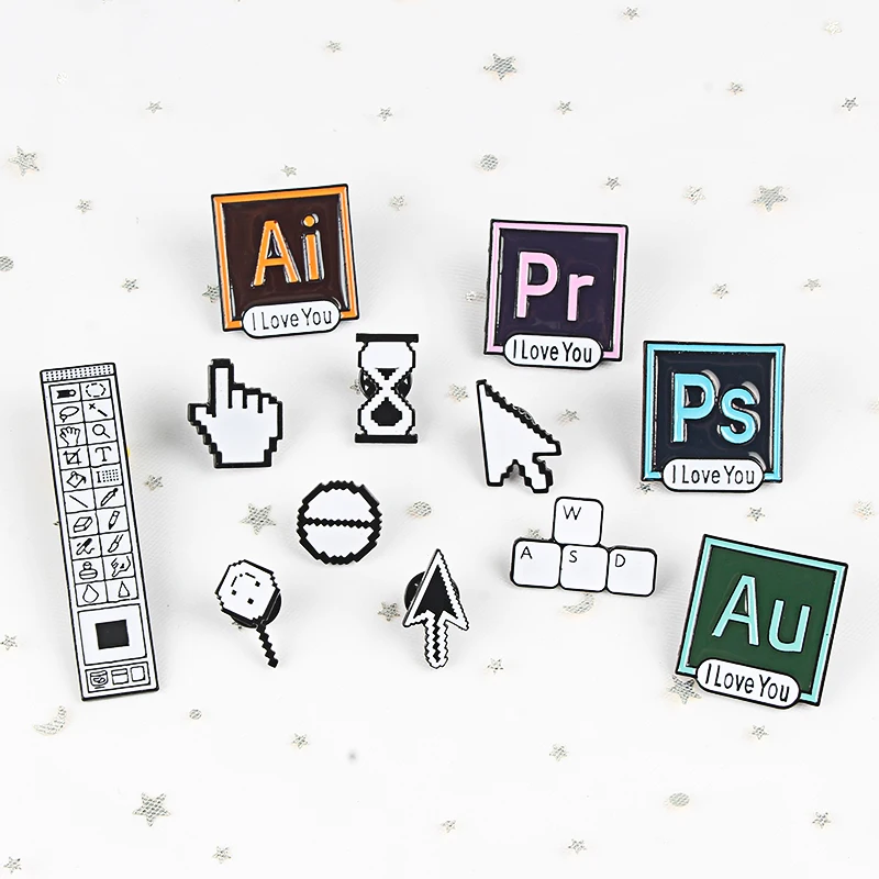 Мода Мультфильм пиксель курсор Броши PS Pr AI Photoshop панель клавиатуры песочные часы компьютерная мышь указатель стрелка Эмаль Булавка