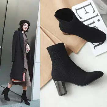 

Women Black Ankle Sock Boots 2020 Fashion Spring Autumn Stretch Boots Chunky High Heels Pointed Toe Women Shoes