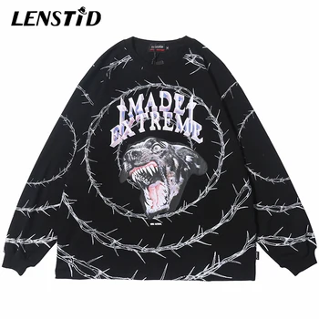 

LENSTID 2020 Men Hip Hop Angry Dog Head Print T Shirt Streetwear Harajuku Tshirt Loose Oversize Cotton T-shirt Long Sleeve Tops