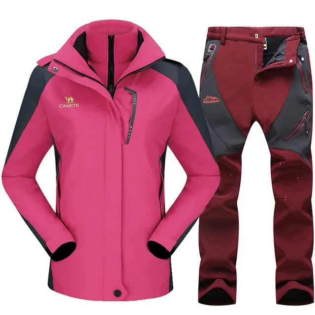 Лыжный костюм для женщин, уличные спортивные лыжные куртки, водонепроницаемая ветрозащитная куртка для сноуборда, штаны, зимние лыжные флисовые комплекты одежды - Цвет: Rose red Wine red