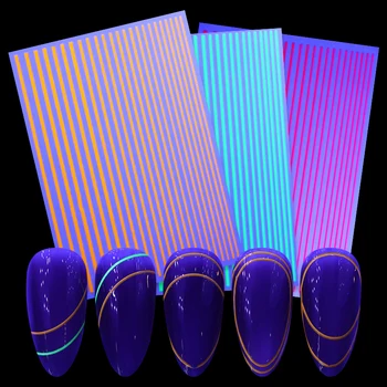 

1PC Fluorescent 3D Nail Stickers Blue Yellow Purple Geometry Stripe Line Nail Art Transfer Decals Luminous Decoration