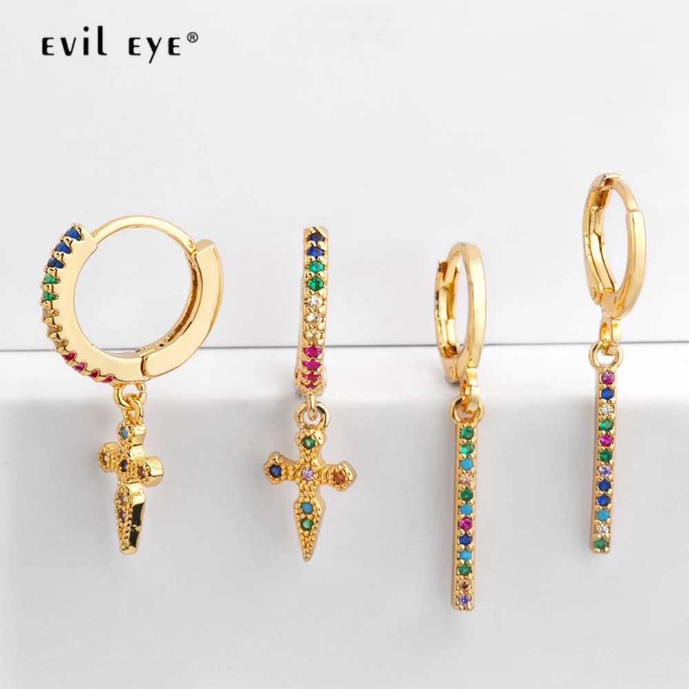 

EVIL EYE Cross Strip Rainbow Zircon Drop Earrings Gold Color Micro Pave CZ Dangle Earring Fashion Jewelry for Women Ladies LE192