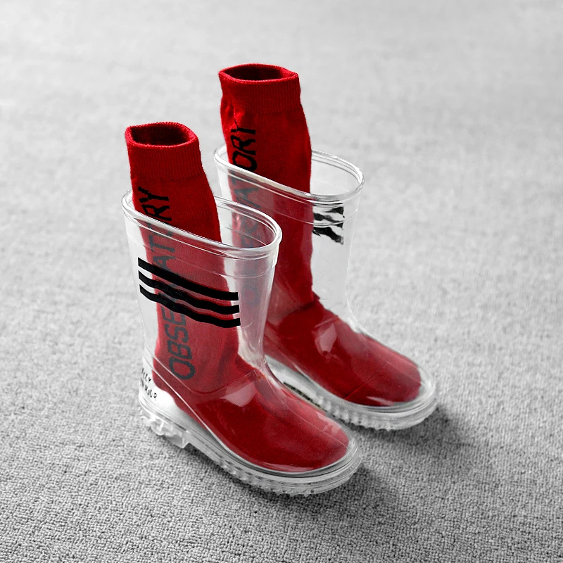 4 rainboot and socks Водонепроницаемая обувь для маленьких мальчиков и девочек, Радужный цвет, яркая расцветка детская прозрачный студентов ребенок младшего возраста Младенец Малыш резиновые сапоги с носками; сезон зима - Цвет: 4 rainboot and socks