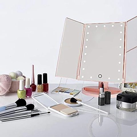 Tri-fold da Composição da Vaidade com Ampliação Luz e Tela da Imprensa Livre da Rotação de 180 Espelho Iluminado 1x 21 Leds Contador Graus 3x – 2x Mod. 1211636