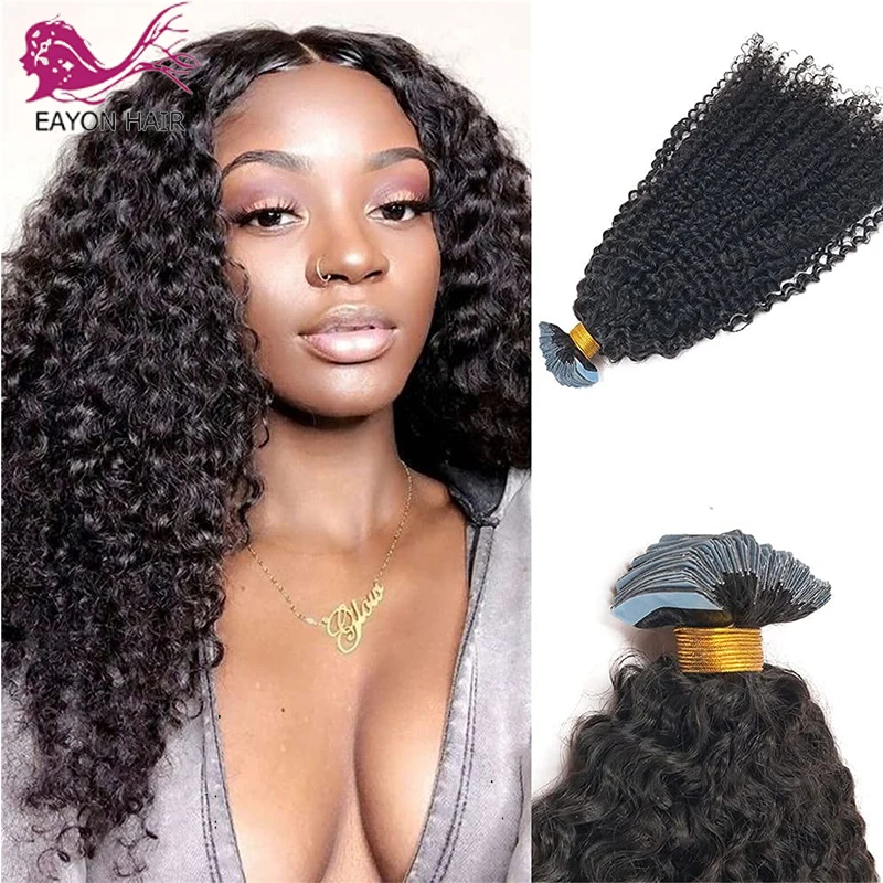 

EAYON 8"-30" Tape In Human Hair Extensions Kinky Curly Seamless Invisible Natural Machine Made Remy Adhesive Extension 40pcs/set