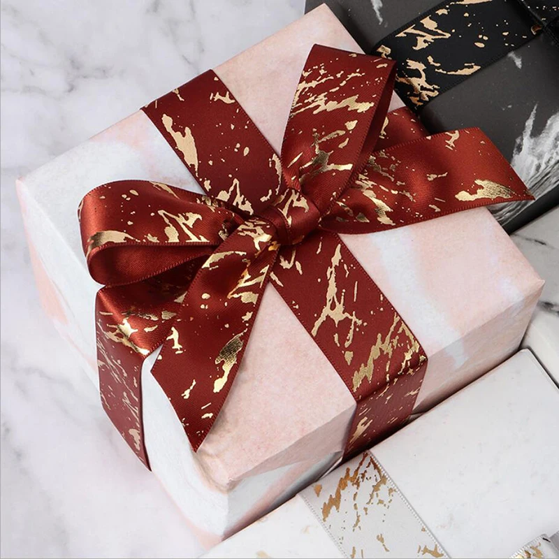 Satin Ribbons Ribbon Supplies Wrapping Ribbon Satin Ribbon 25mm Gift Ribbon Satin Marble/Crack Gold Foil Printed Gift Wrapping Home Decor Handmade Hair Bow Material DIY Craft Ribbon
