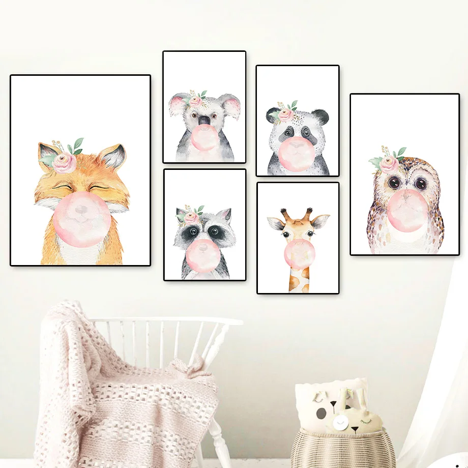 Giraffe-Panda-Owl-Koala-Raccoon-Fox-Flower-Wall-Art-Canvas-Painting-Nordic-Posters-And-Prints-Wall