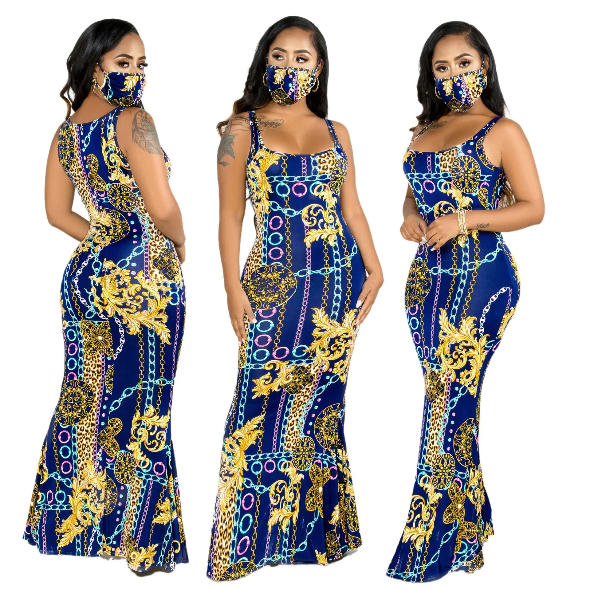 

Summer Hot European And American Sexy Fashion Dress Irregular Long Skirt Printing Half Open Collar Sleeveless Waist Sexy Fashion