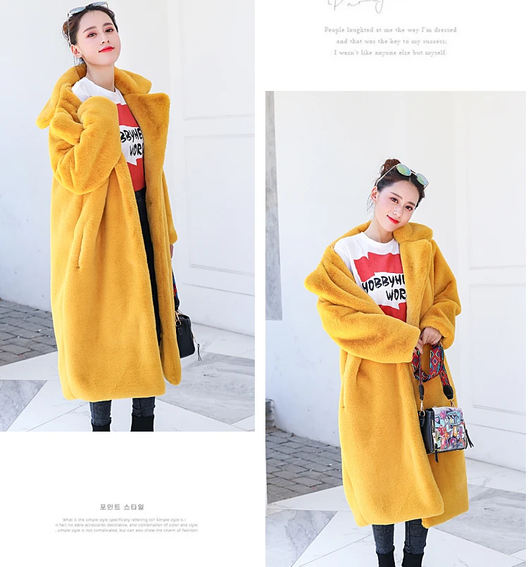 Winter Faux Fur Coat Women Rabbit Fur X-Long Fur Coat Turn down Collar Loose Warm Casual Overcoat