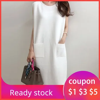 

Summer Women Midi Dresses Straight Pocket Plain 2020 Korean Female Dress Sleeveless White Black OL Dresses