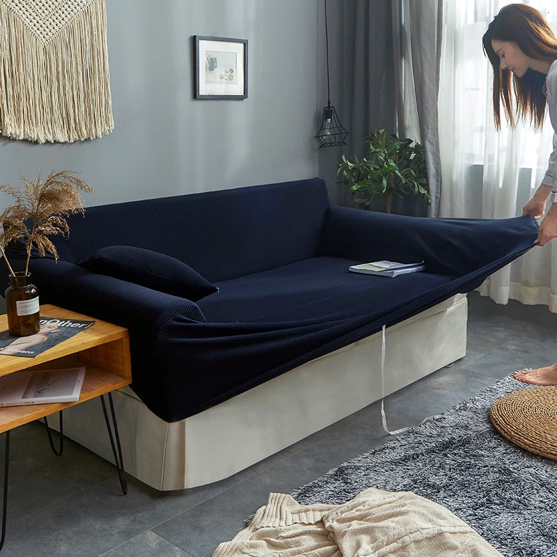 Sofa Cover Cotton Blue Solid Color Couch Covers for Sofas with Armrest Anti-slip Cover for Living Room Anti-dirty 1/2/3/4 Seater