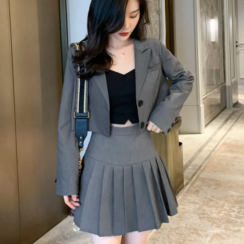 

Korean Students Fashion Two Piece Set Women Crop Top Blazer Jacket Coat + Pleated Mini Skirt Suits Slim Autumn Women 2 Piece Set