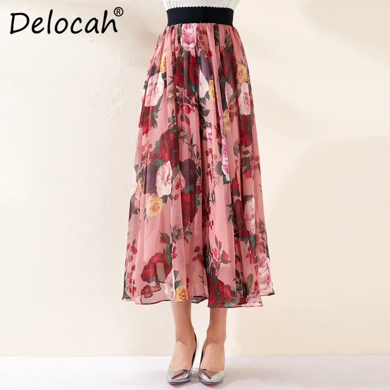 

Delocah 2019 Autumn Winter New Women Skirt Runway Fashion Designer Flower Printed Elegant Slim A-Line Chiffon Ladys Wild Skirt