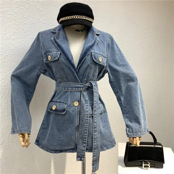 

Spring New Loose Multi-pocket Vintage Washed Female for Denim Jacket With Belt Mid-length Autumn Jeans Jacket Women Casual Coat
