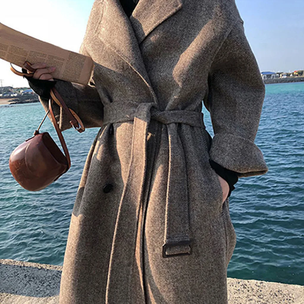 CHAMSGEND зимнее шерстяное пальто для женщин с отложным воротником, длинное шерстяное пальто большого размера, женское ветрозащитное пальто, верхняя одежда manteau femme