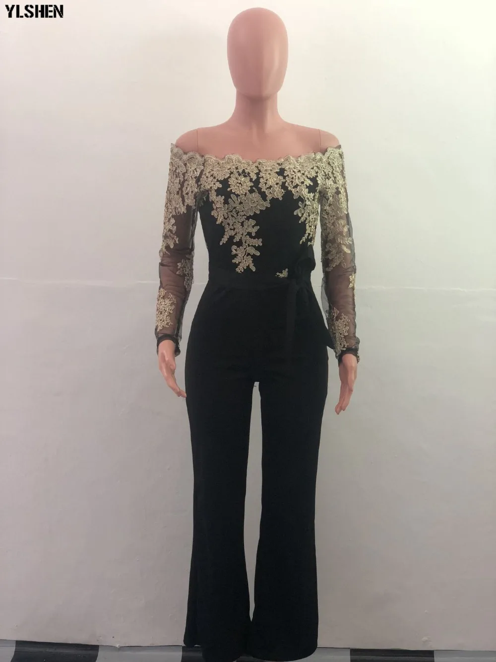 Women Jumpsuit Sexy Lace Ladies Jumpsuits Party Casual Wide Leg Overalls Off Shoulder Long Sleeve Romper Skinny Rompers Trousers 41