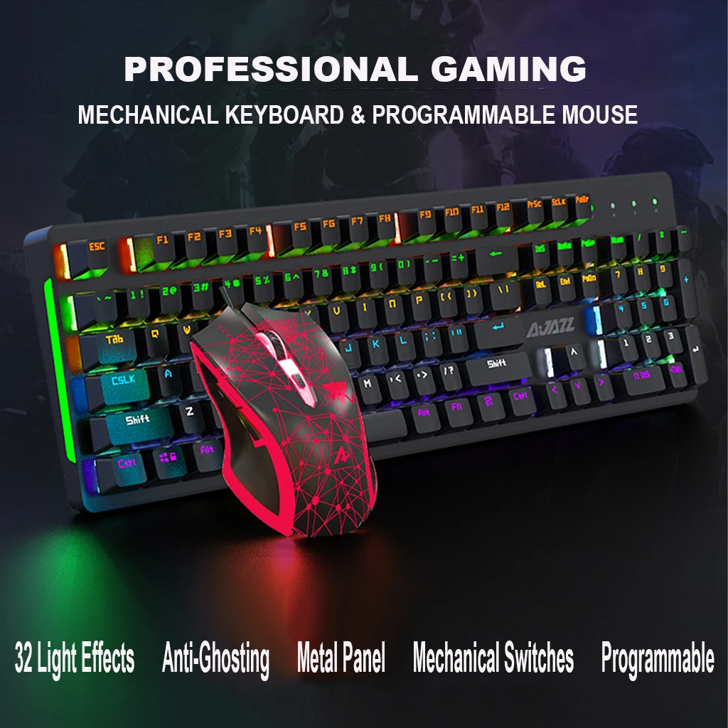 AJAZZ 104Key Mechanical Keyboard Mouse Combos Gaming Keyboard Mouse Set LED Backlit Switches 2400DPI Mouse