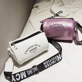 

2020 New Ultra-Fire Wide Shoulder Strap Cylinder Small handBags Solid Color Messenger Bag Korean-Style Shoulder Bag