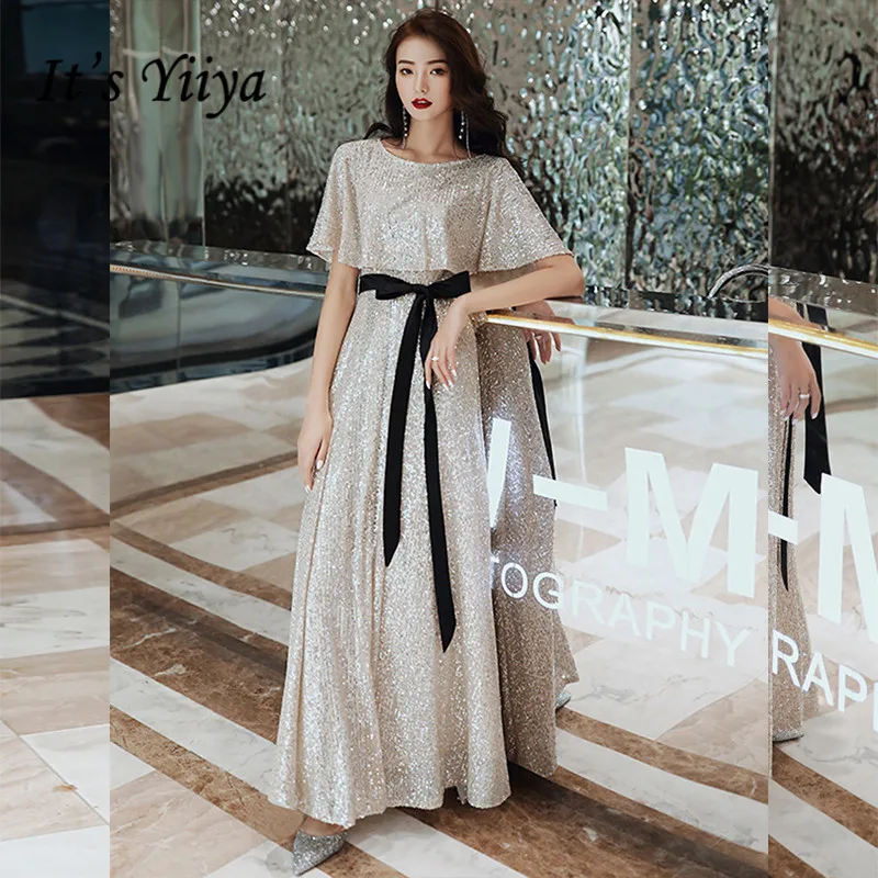 

Evening Gown Long It's Yiiya BR347 Cap Sleeve A Line Robe De Soiree Tie Bow Evening Dresses Long Shining Formal Evening Dresses