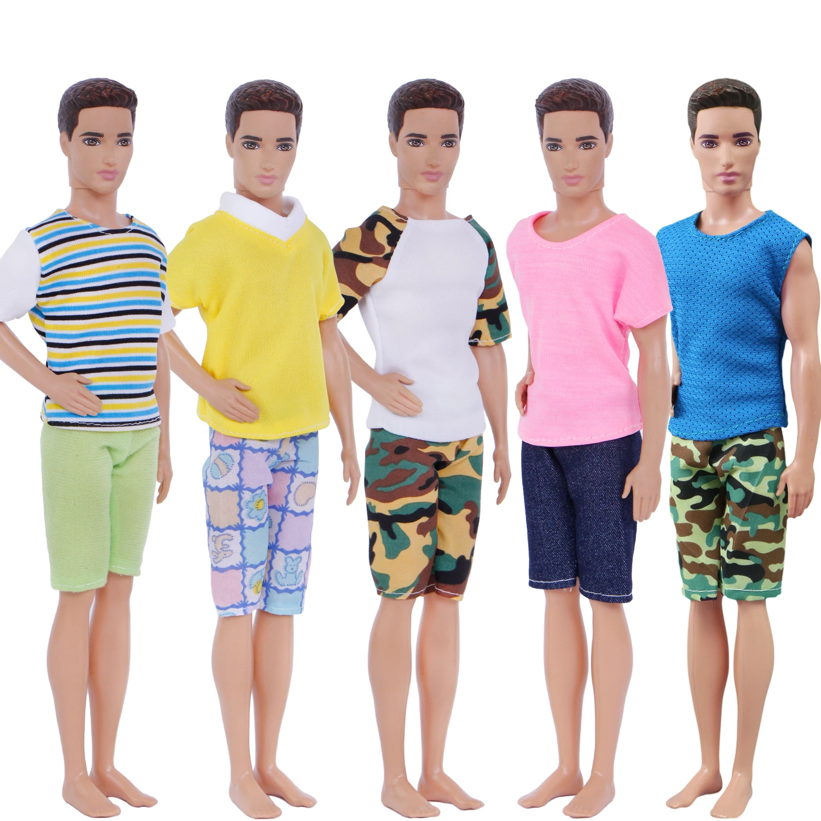 5 Pcs Men Outfits Mixed Style Stripe Camouflage T-Shirt Vest Plaid Shorts Pants Clothes for Barbie Doll for Ken Doll Accessories