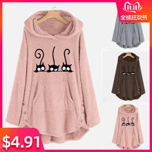 Женское зимнее плюшевое теплое пальто из флиса с вышивкой кота, теплая толстовка с капюшоном высшего размера плюс, женская верхняя одежда с карманами, длинный пуловер, новинка