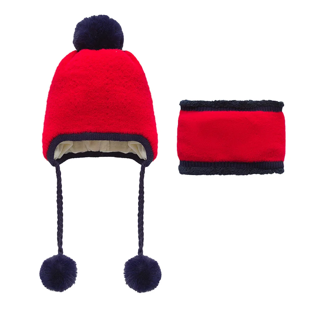 Детская шапка из шерсти и флиса, осенне-зимняя теплая шапка с защитой ушей, шарф, два комплекта, модный шарф для мужчин и девочек - Цвет: Red