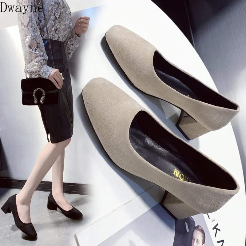 

2020 spring new high heels Korean wild square head shallow mouth suede comfortable women's single shoes Pumps