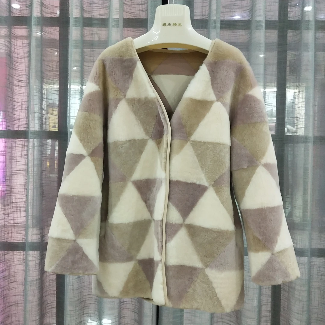Abrigos mujer invierno, Женское пальто контрастного цвета, Зимняя парка с натуральным овечьим мехом, двусторонняя меховая одежда с v-образным вырезом